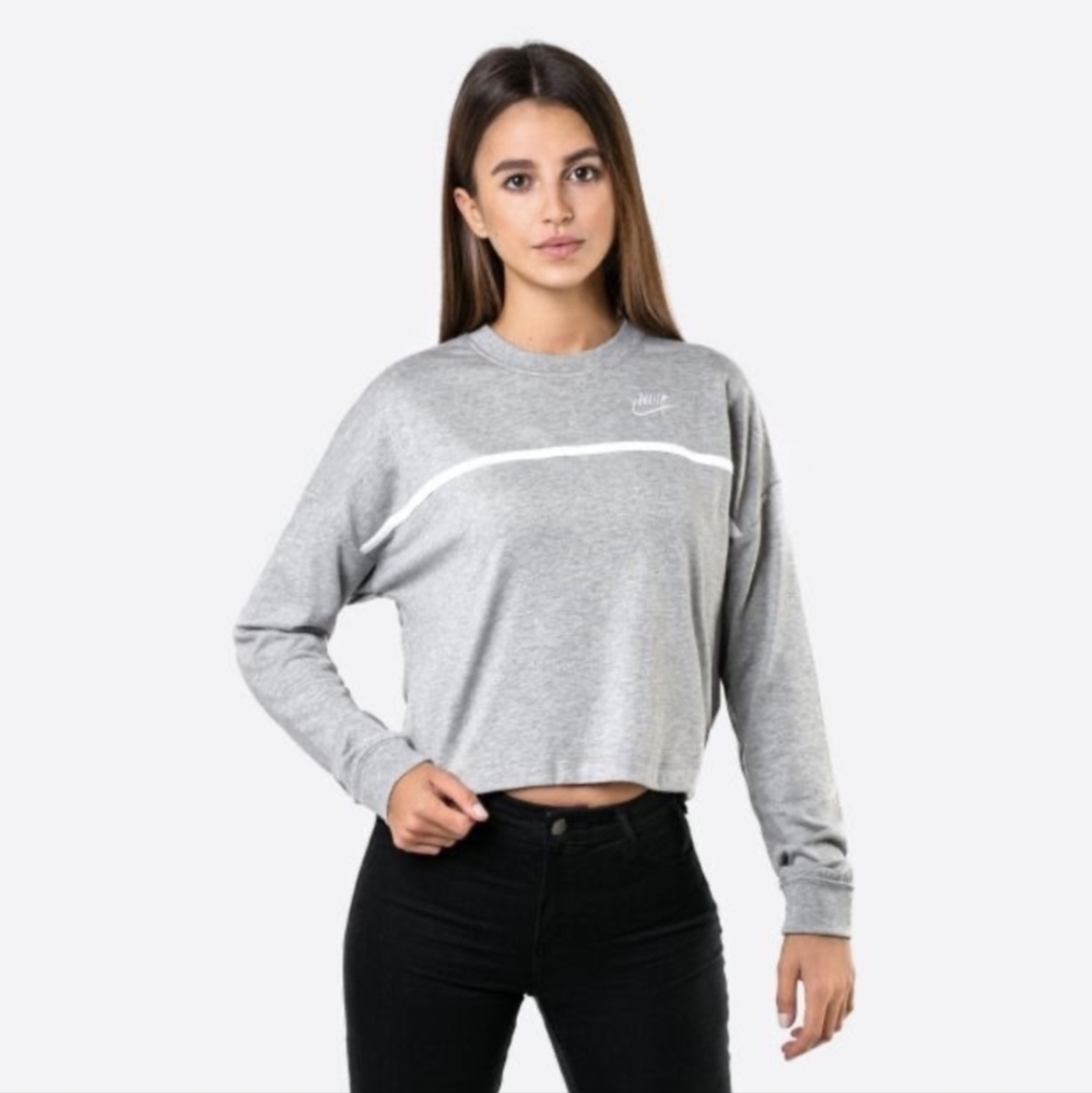 Nike Cropped Crew Neck Swoosh L/S Jersey Tee Top Size Small Grey AR3754-063 EUC
